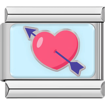 A silver Italian charm featuring a pink heart with a blue arrow.